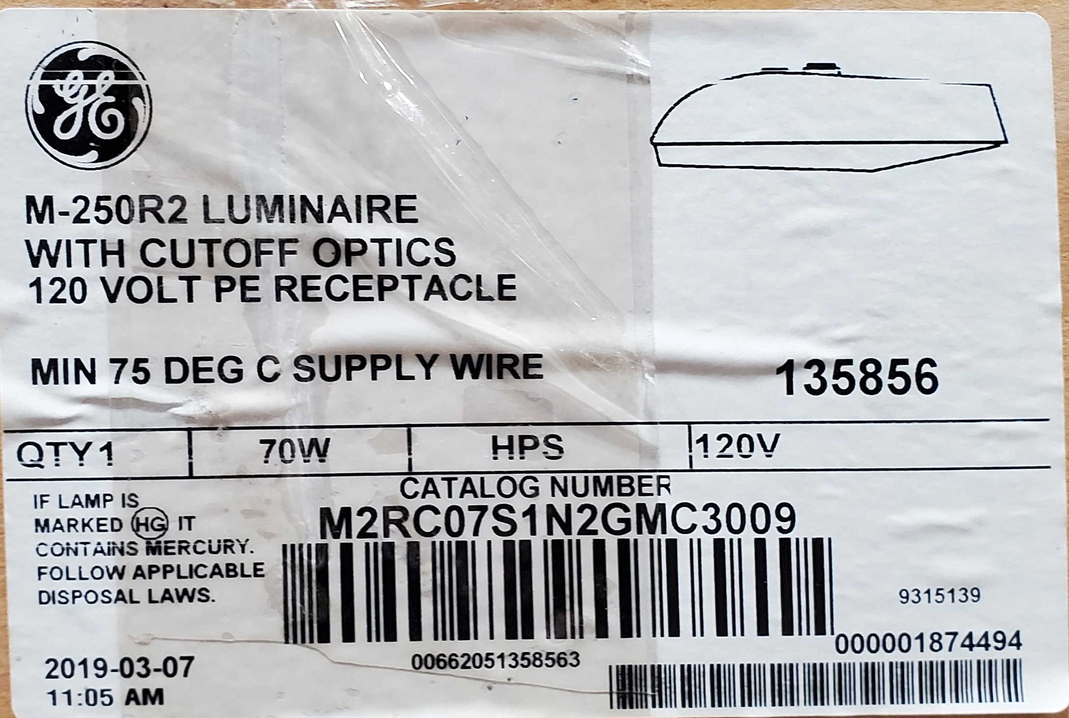 LUMINAIRE, HORIZONTAL ROADWAY, 70W, HPS,